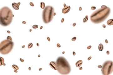Coffee beans fall background. Black espresso coffee bean falling. Aromatic grain flying isolated on...