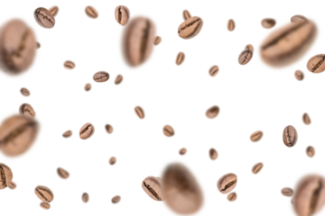 Coffee beans fall background. Black espresso coffee bean falling. Aromatic grain flying isolated on white. Concept for coffee product advertising.