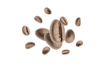 Coffee flying bean background. Black espresso grain falling. Rustic coffee bean fall on white background. Represent breakfast, energy, freshness or great aroma concept.