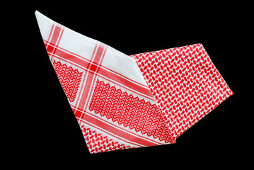 saudi men clothing accessory head scarf red shemagh closeup black background space for text luxury