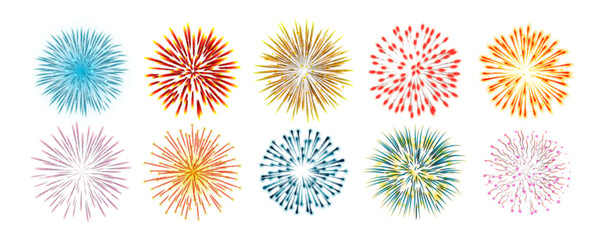 Set of colorful fireworks. Set of festive patterned salute bursting in various shapes