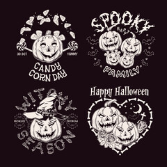 Set of 4 labels with pumpkins like human characters, sweets, candy, bones, bat, witch hat, text. Halloween monochrome funny emblems in vintage style on a black background