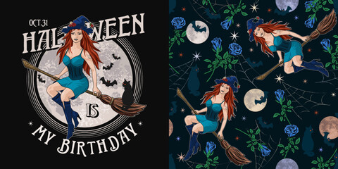 Set of halloween pattern, label with young beautiful witch flying on broomstick, silhouette of cat, bats, full moon, stars, blue roses. text. Colorful illustration in vintage style.