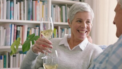 Retirement, relax and toast with couple on sofa of living room together for marriage, milestone achievement or relationship. Happy, love and cheers with elderly man and woman and glass of wine