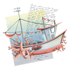 A sea boat with garlands of flags, sea stars and corals on a blue background with text about the Atlantic Ocean. Watercolor illustration. For the design and decoration of prints, stickers, posters