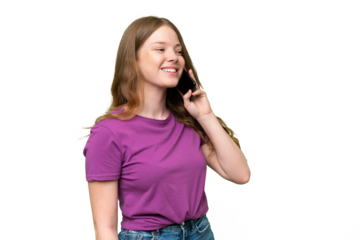 Young pretty woman over isolated background keeping a conversation with the mobile phone