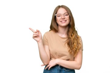 Young pretty woman over isolated background happy and pointing up
