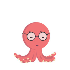 Illustration of a cartoon minimalistic character, a red octopus wearing glasses with closed eyes and folded tentacles. Colored vector flat illustration isolated on white background.