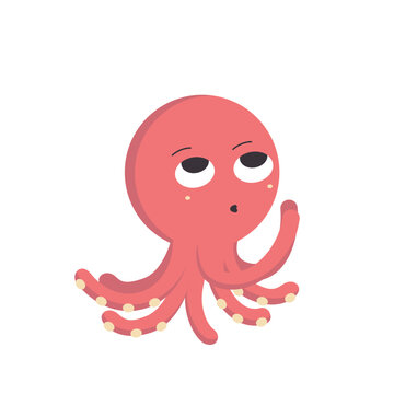 Illustration of a cartoon minimalist character, a red octopus with eight tentacles, two together and looking up.