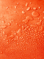water drops of different sizes on a orange surface, drops texture, rain on orange tile, rain texture, red refreshing background, amber wet textured,  fresh orange, vertical