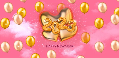 2023 3d Realistic Holographic Foil Balloons in clouds . 3d rendering Merry Christmas and Happy New Year 2023 greeting banner. Golden Numbers On Glitter Shiny sky Pink Background with DOF and motion