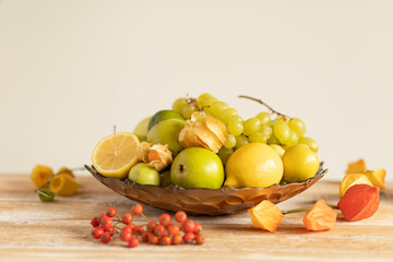 Still life:various assorted fruits (grape, apple,pear,lemon,lime,rowan, physalis) copper plate,isolated on the wooden table background with soft shadow,healthy fresh organic food.Copy space,horizontal