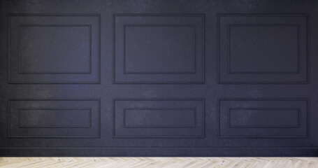 Klasyczne wnętrze z czarną ścianą, listwami i drewniana podłogą. 3d render ilustracja mockup - obrazy, fototapety, plakaty