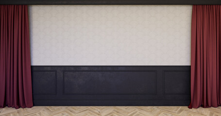 
Klasyczne wnętrze z czarnym panelem ściennym, listwami i ozdobną ścianą. 3d render ilustracja mockup - obrazy, fototapety, plakaty