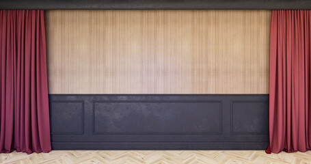
Klasyczne wnętrze zczarnym panelem ściennym, listwami i drewnianą ścianą. 3d render ilustracja mockup - obrazy, fototapety, plakaty