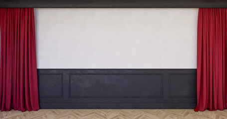 
Klasyczne wnętrze z czarnym panelem ściennym, listwami i białą ścianą. 3d render ilustracja mockup - obrazy, fototapety, plakaty