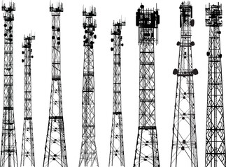group with eight antenna tower silhouettes on white