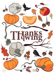 Happy Thanksgiving holiday vector design template for websites, posters, banners. Happy Thanksgiving with traditional food, turkey, pies, pumpkins and fruits. Vector website template