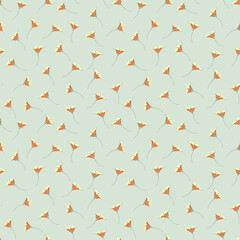  Рastel vector seamless pattern with scattered flowers. Liberty style print. Elegant floral background. Simple ditsy texture. Light blue and  orange color. Repeat design for wallpapers, fabric, textil