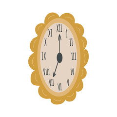 Cute retro vintage yellow wall clock. Vector illustraation. 