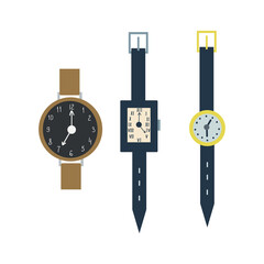 Elegant wristwatches flat icon collection. Isolated Digital hand watches for men and women vector illustration set. 