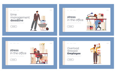 Tired Employee with Huge Piles of Documents Landing Page Template Set. Office People Characters Overload with Paperwork