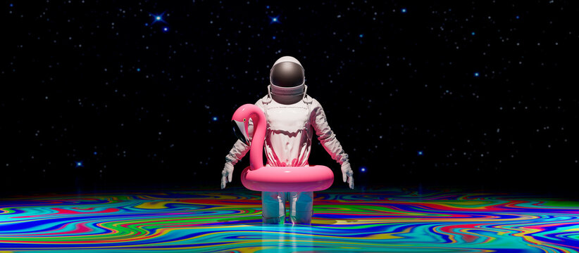 Astronaut with inflatable flamingo walks on colorful cosmic water and prepares to swim on foreign planet 3d render 3d illustration