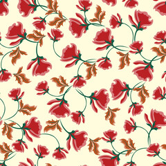 Fototapeta na wymiar Stylish seamless pattern with beautiful flowers similar to poppy, peony in trendy colors. red, white, orange. Vector illustration. Modern textile, branding, packaging, wallpapers, fabrics