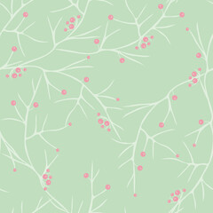 Beautiful vector seamless patternon a light green background with  pink berries on the  branches. Elegant floral texture. Simple abstract vegetal ornament. Stylish natural wallpapers, fabric