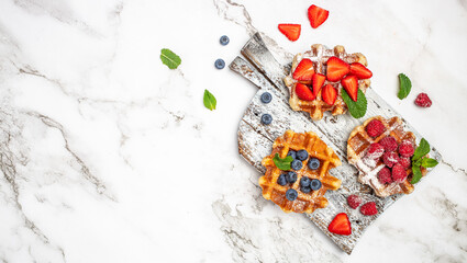 Obraz na płótnie Canvas belgian waffles with fresh fruit on a light background. Long banner format. top view