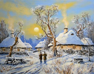 Oil paintings rural landscape. Winter landscape in the old village. Old village, frosty weather, trees covered in snow. Christmas story, fine art, artwork.