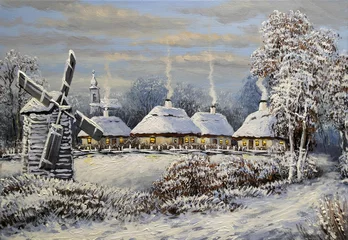 Tuinposter Oil paintings rural landscape. Winter landscape in the old village. Old village, frosty weather, trees covered in snow. Christmas story, fine art, artwork. © yaroslavartist