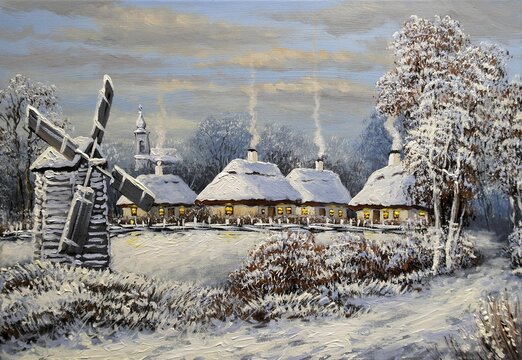 Oil paintings rural landscape. Winter landscape in the old village. Old village, frosty weather, trees covered in snow. Christmas story, fine art, artwork.