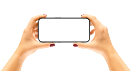 Woman hand holding smart phone with blank screen isolated on white. Template, mockup, filetype .png	
