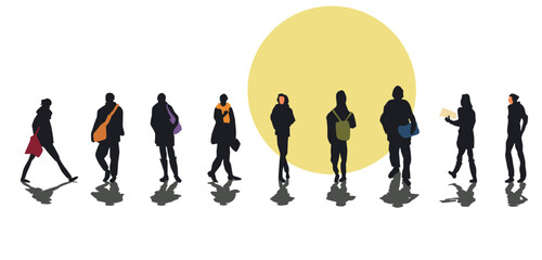 Fototapeta na wymiar Set of nine silhouettes of different people with colored silhouettes of bags, briefcases, clothes or faces. Isolated vector illustration with shadow on white and yellow background.