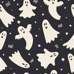 Seamless pattern of cute ghost for Halloween. Festive traditional black background. Flat cartoon vector illustration.