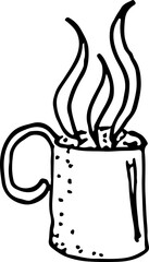 Mug with hot drink. Outline doodle illustration