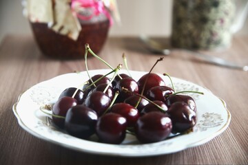 sweet red cherries in a bowl berries
