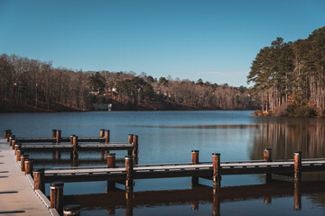 Wood pier over a lake. Peachtree city