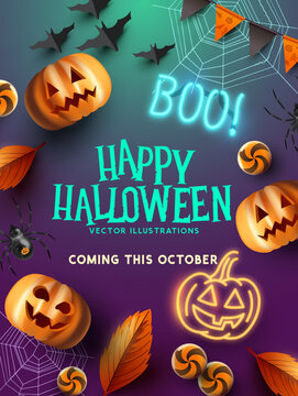Spooky and fun halloween events background layout with pumpkins and bats. Vector illustration