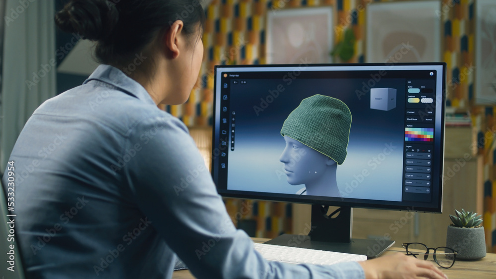 Poster female designer creating 3d visualization of clothes using computer and professional software while 