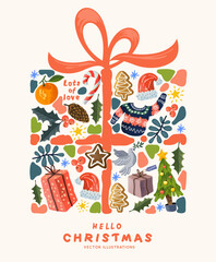 Christmas present wrapped up with hand made decoration designs including plants, lights and festive treats! Vector illustration.