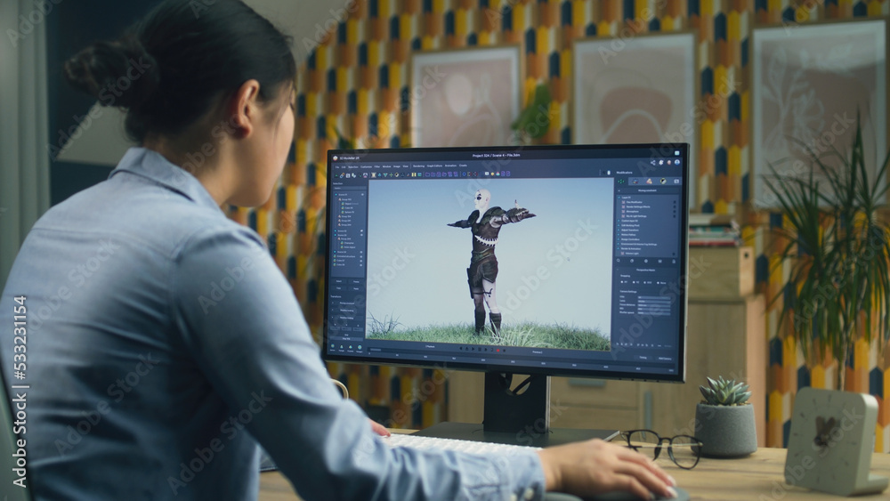 Poster Asian female 3D designer making animation for video game character using modern computer with software for creating 3D modeling projects
