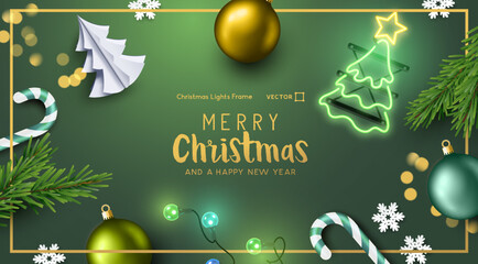 Festive green Christmas celebration background layout with decorations and lights. Vector illustration border frame.