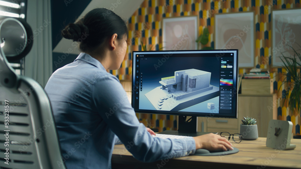Poster female 3d designer at home working on 3d modeling project of house and creating exterior in professi