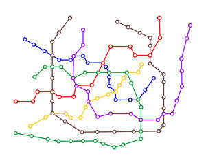 Metro map template. Subway plan with many colored way lines. Infographic diagram of public rapid transport network scheme isolated on white background. Vector flat illustration
