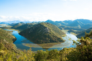 Aerial panorama of the Rijeka Crnojevica river in Skadar Lake National Park, Montenegro, Europe....