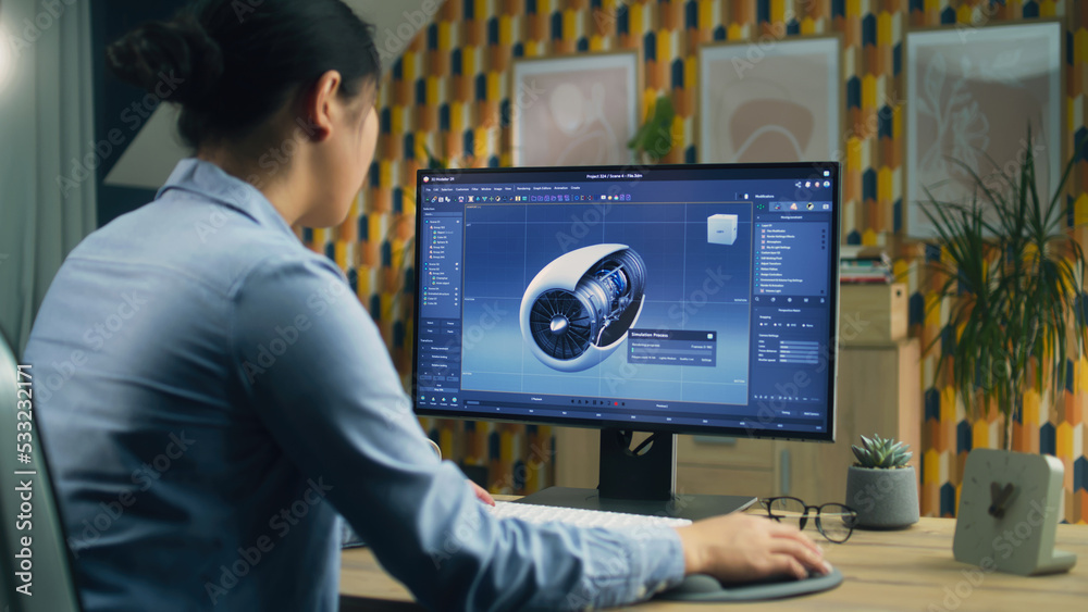 Poster female 3d designer using pc with professional program and creating 3d prototype of airplane turbine 