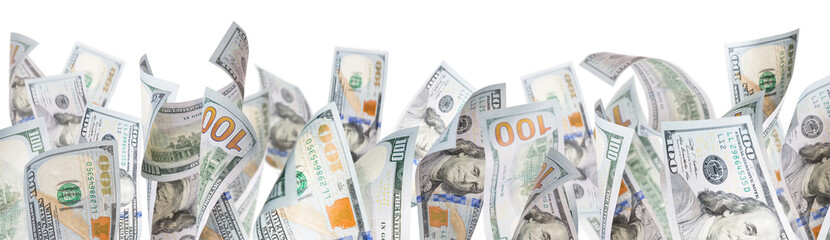 Transparent PNG of Several Fallen $100 Bills At Base of Image. - obrazy, fototapety, plakaty
