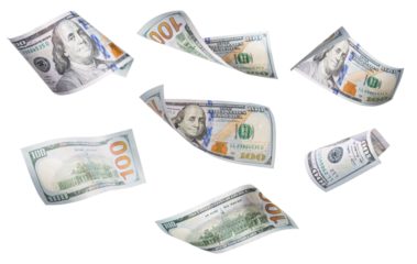 Transparent PNG Set of Falling or Floating $100 Bills.